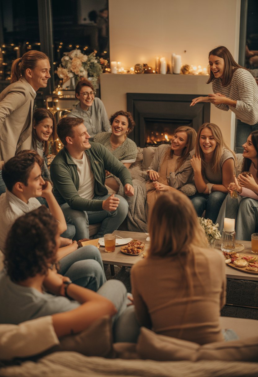 A group of 15 casually dressed people gathered around a cozy fireplace, talking and enjoying an engagement party indoors.